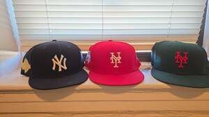 Lot of 3 New Era 59FIFTY Fitted Hats NY Yankees & Mets World Series Patches Size